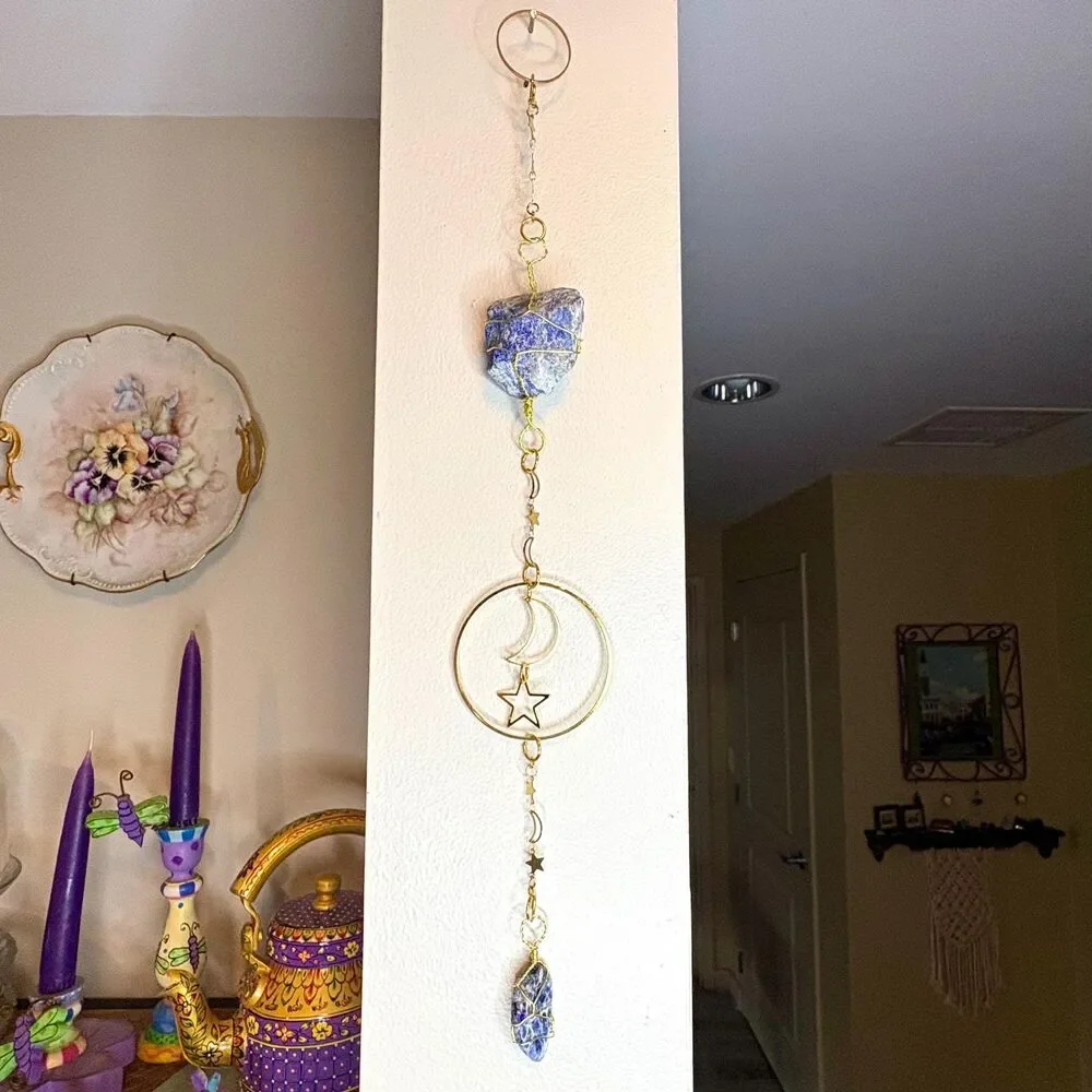 Lapis Lazuli Wall Hanging | Raw & Tumbled Stone | Gold Moon Star Circle Frame
